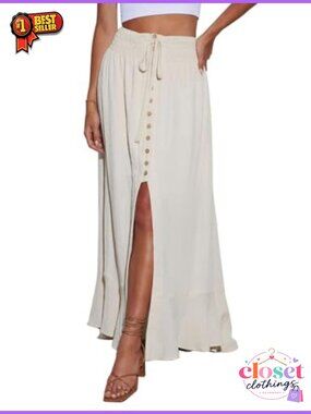 Women's Elastic Tie Waist Button Down Maxi Skirt Loose Flowy Swing Slit Front
